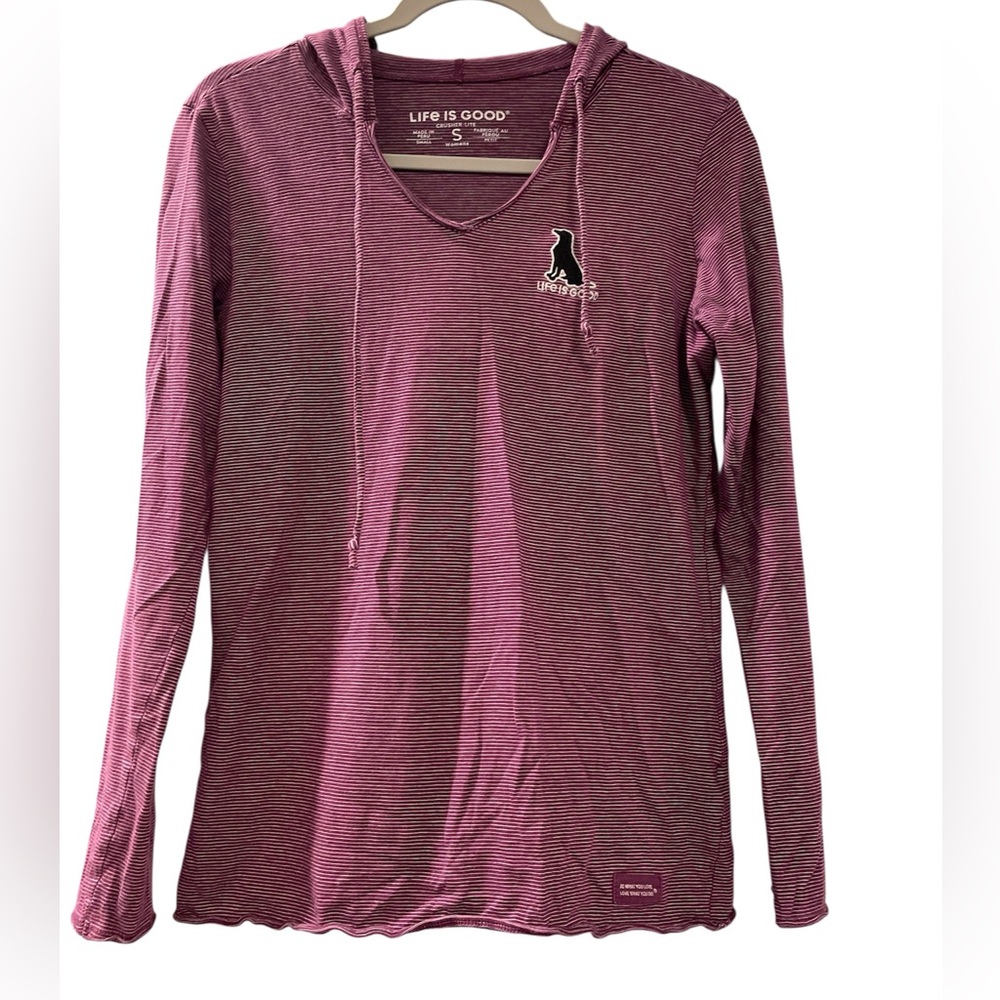 Life is Good Woman’s Longsleeve Hooded Tee Size Small Purple and White Stripes